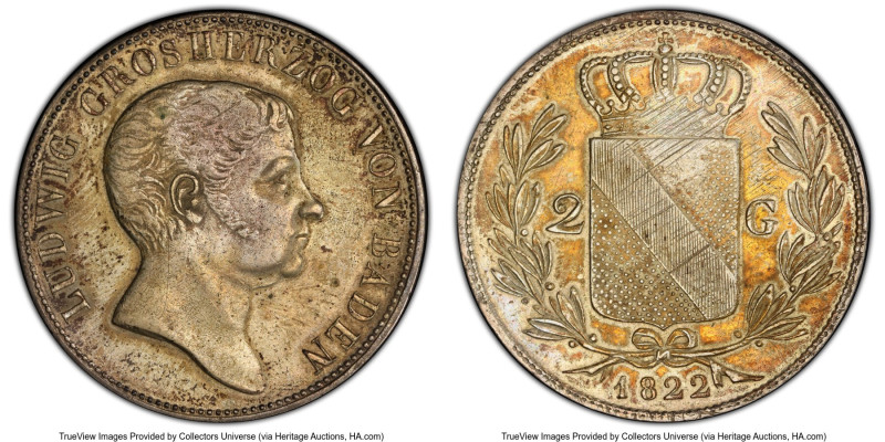 Baden. Ludwig I 2 Gulden 1822 XF45 PCGS, KM185, Dav-517. Mintage: 19,400. Second...
