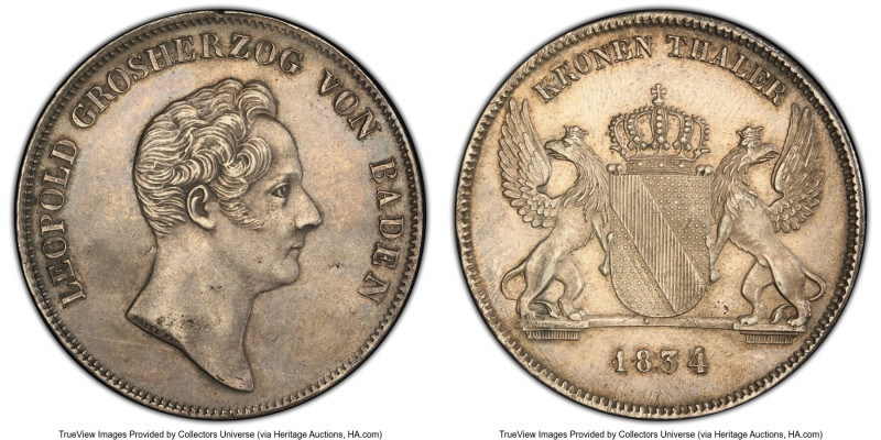 Baden. Leopold I Taler 1834 AU53 PCGS, KM195.2, Dav-519. Fairly challenging as a...