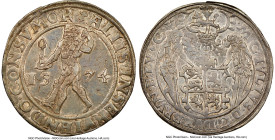 Brunswick-Wolfenbüttel. Julius "Light" Taler 1574-(hh) AU58 NGC, Goslar mint, KM-MB138, Dav-9060. An always sought-after "Wildman" type showcasing a s...