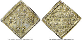 Frankfurt. Free City Medallic Klippe 1/2 Ducat 1619 AU58 NGC, Montenuovo-747. A fine off-metal strike in silver of a Ferdinand II coronation medallic ...