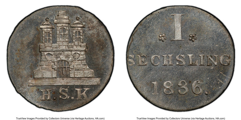 Hamburg. Free City Sechsling 1836-HSK MS66+ Prooflike PCGS, Hamburg mint, KM525....