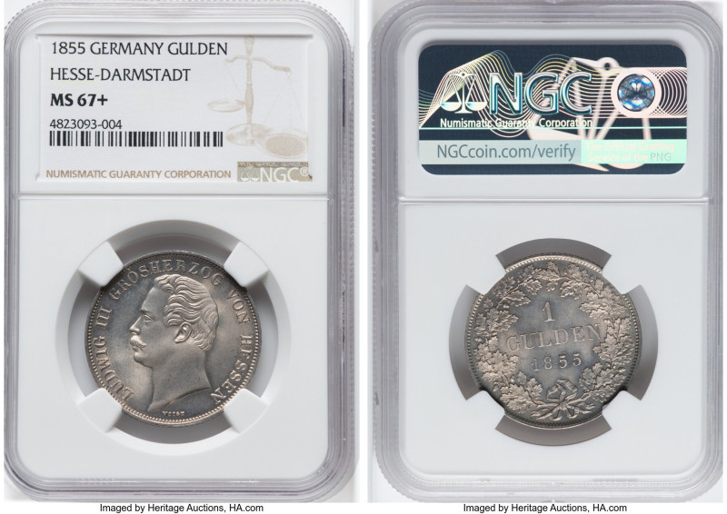 Hesse-Darmstadt. Ludwig III Gulden 1855 MS67+ NGC, KM328.1, AKS-123. The lone ce...