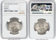 Nassau. Adolph Gulden 1856 MS66+ NGC, Wiesbaden mint, KM71. A lesser encountered type represented by NGC's sole top pop, donning snow white surfaces w...