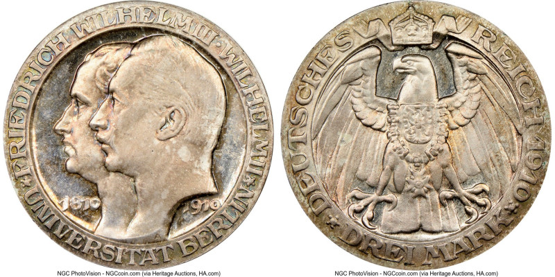 Prussia. Wilhelm II Proof "Berlin University" 3 Mark 1910-A PR68 NGC, Berlin min...