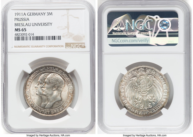 Prussia. Wilhelm II 3 Mark 1911-A MS65 NGC, Berlin mint, KM531. Commemorating 10...