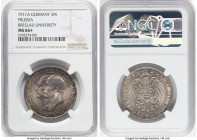 Prussia. Wilhelm II 3 Mark 1911-A MS66+ NGC, Berlin mint, KM531. Commemorating 100th anniversary of Breslau University. Bested by a single example at ...