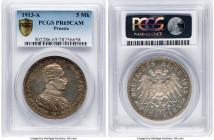 ​​Prussia. Wilhelm II Proof 5 Mark 1913-A PR65 Cameo PCGS, Berlin mint, KM536, J-114. Amber and gold toning supplement the steel-blue surfaces on this...