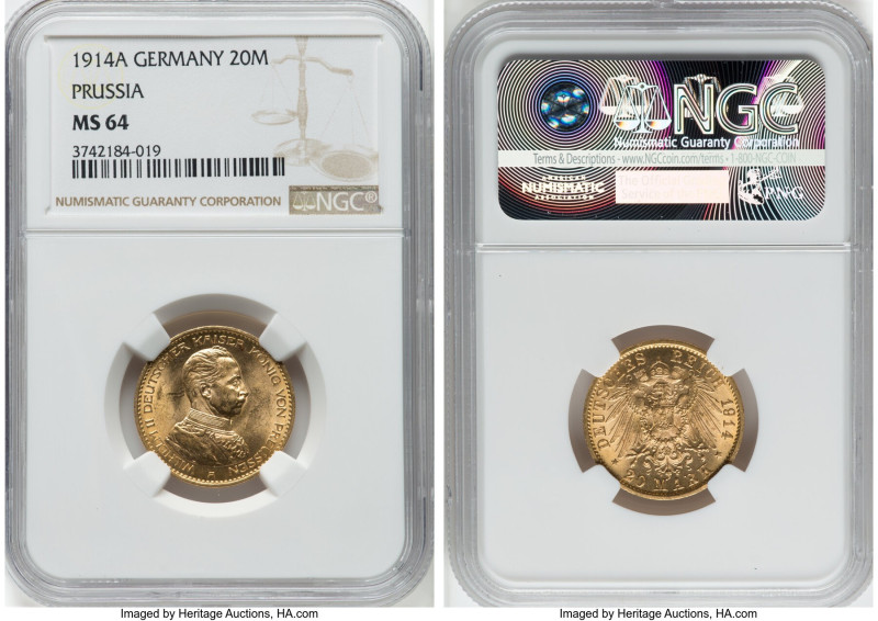 Prussia. Wilhelm II gold 20 Mark 1914-A MS64 NGC, Berlin mint, KM537. HID0980124...