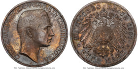 Saxe-Coburg-Gotha. Karl Eduard 5 Mark 1907-A UNC Details (Stained) NGC, Berlin mint, KM174, J-148. A more popular and difficult 5 Mark from the early ...