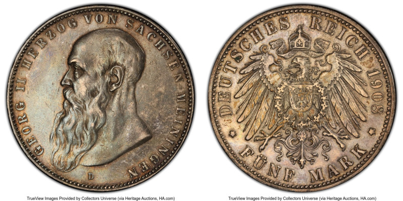 Saxe-Meiningen. Georg II 5 Mark 1908-D AU50 PCGS, Munich mint, KM201, J-153b. HI...