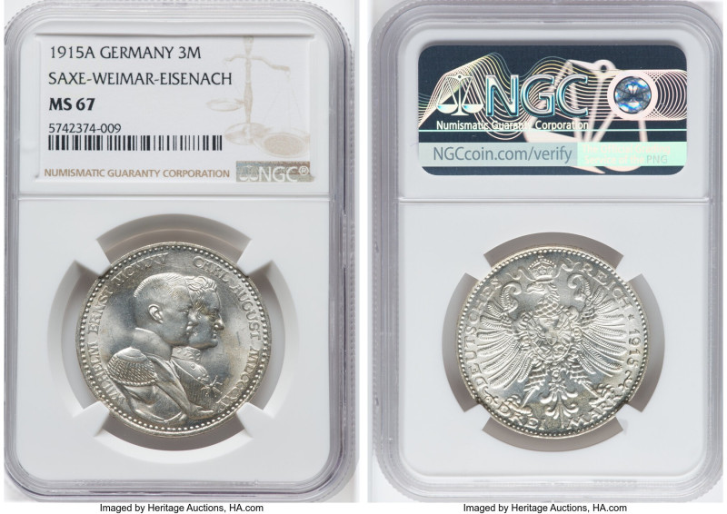 Saxe-Weimar-Eisenach. Wilhelm Ernst 3 Mark 1915-A MS67 NGC, Berlin mint, KM222. ...