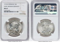 Saxe-Weimar-Eisenach. Wilhelm Ernst 3 Mark 1915-A MS67 NGC, Berlin mint, KM222. Satin brilliance abounds this premium Gem, punctuated by untoned argen...