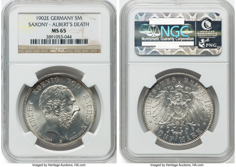 Saxony. Georg "Albert's Death" 5 Mark 1902-E MS65 NGC, Muldenhutten mint, KM1256...