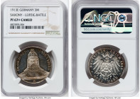 Saxony. Friedrich August III Proof "Leipzig Battle" 3 Mark 1913-E PR67+ Cameo NGC, Muldenhutten mint, KM1275. A type usually encountered in lower tier...