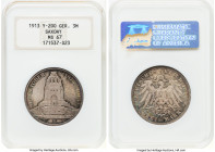 Saxony. Friedrich August III "Battle of Leipzig" 3 Mark 1913-E MS67 NGC, Muldenhutten mint, KM1275. Almost Prooflike with pristine devices atop immacu...