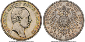 Saxony. Friedrich August III 5 Mark 1907-E MS64 NGC, Muldenhutten mint, KM1266, J-136. An ever-collectible type on the precipice of a Gem assignment, ...