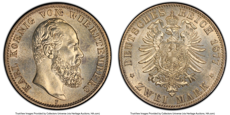 Württemberg. Karl I 2 Mark 1877-F UNC Details (Cleaned) PCGS, Stuttgart mint, KM...