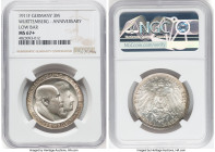 Württemberg. Wilhelm II "Wedding Anniversary" 3 Mark 1911-F MS67+ NGC, Stuttgart mint, KM636. Low bar variety. Tied with five other specimens for NGC'...