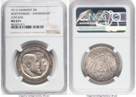 Württemberg. Wilhelm II "Wedding Anniversary" 3 Mark 1911-F MS67+ NGC, Stuttgart mint, KM636. Low bar variety. Tied with five other specimens for NGC'...