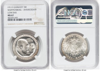 Württemberg. Wilhelm II "Wedding Anniversary" 3 Mark 1911-F MS67 NGC, Stuttgart mint, KM636. Low bar variety. Blast white centers tinted with lemon-am...