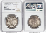 Württemberg. Wilhelm II "Wedding Anniversary" 3 Mark 1911-F MS67 NGC, Stuttgart mint, KM636. Low bar variety. Positioned at the penultimate grade on t...