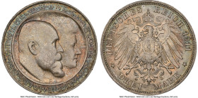 Württemberg. Wilhelm II "Wedding Anniversary" 3 Mark 1911-F MS65 NGC, Stuttgart mint, KM636. Low bar variety. Virtually pristine and awash in cascadin...