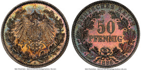 Wilhelm II Proof 50 Pfennig 1896-A PR65 NGC, KM15, J-15. Inaugural year of type. The Proof effect is amplified by brilliant rainbow coloration and the...