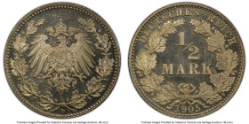 Wilhelm II Proof 1/2 Mark 1905-D PR66+ Deep Cameo PCGS, Munich mint, KM17, J-16. Stunning contrast on this deeply reflective and impeccably preserved ...