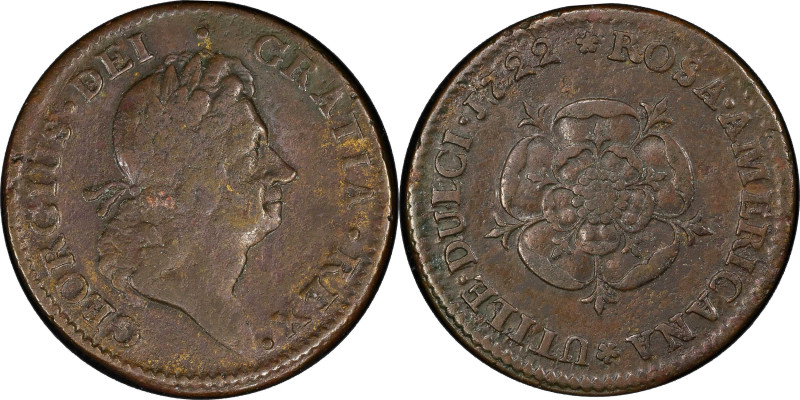 1722 Rosa Americana Penny. Martin 2.19-D.5, W-1268. Rarity-4. UTILI DULCI. Repun...