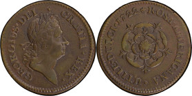 1722 Rosa Americana Penny. Martin 2.35-C.9, W-1264. Rarity-5. UTILI DULCI. VF-30 (PCGS).
106.6 grains. The discovery coin for this die pairing.
PCGS...