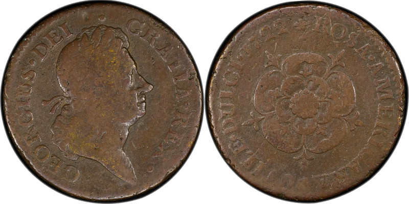 1722 Rosa Americana Penny. Martin 2.36-D.8, W-1268. Rarity-4. UTILI DULCI. VG-10...