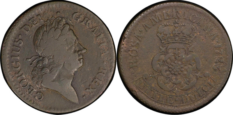 1723 Rosa Americana Penny. Martin 2.16-Eb.5, W-1278. Rarity-4. Fine-15 (PCGS).
...