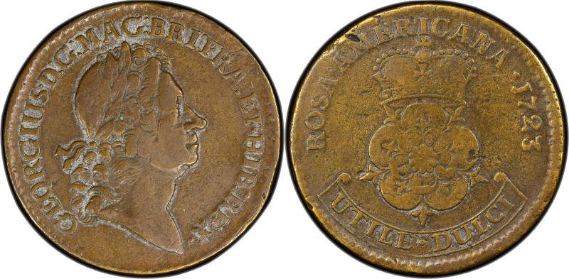 1723 Rosa Americana Twopence. Martin 3.5-E.5, W-1334. Rarity-4. VF-20 (PCGS).
P...