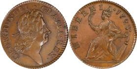1723 Wood's Hibernia Halfpenny. Martin 4.40-Gc.18, W-13120. Rarity-2. AU-58 (PCGS).
109.7 grains. A handsome piece with attractive chocolate-brown co...