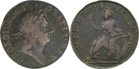 1723 Wood's Hibernia Halfpenny. Martin 4.42-Gc.20, W-13120. Rarity-3. VF-25 (PCGS).
101.0 grains. Slightly glossy charcoal-copper surfaces are proble...