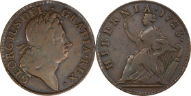 1723 Wood's Hibernia Halfpenny. Martin 4.43-Gc.21, W-13120. Rarity-5. VF-20 (PCGS).
116.4 grains. Pleasing light steel-brown, the surfaces smooth and...