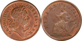 1723 Wood's Hibernia Halfpenny. Martin 4.44-Gc.22, W-13120. Rarity-5. VF Details--Cleaned (PCGS).
101.9 grains. A neat late die state example with a ...