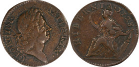 1723 Wood's Hibernia Halfpenny. Martin 4.47-Gb.7, W-13120. Rarity-4. VF-25 (PCGS).
A dramatic late die state with heavy die cracks at the left obvers...