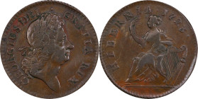 1723 Wood's Hibernia Halfpenny. Martin 4.48-Gb.4, W-13120. Rarity-4. EF-40 (PCGS).
Pleasing, original surfaces that are problem-free and a decent ste...