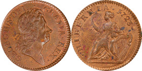 1723 Wood's Hibernia Halfpenny. Martin 4.57-Fa.4, W-13470. Rarity-3. MS-62 RB (PCGS).
An impressive Mint State survivor with about 5% mint red on the...