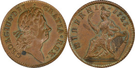 1723 Wood's Hibernia Halfpenny. Martin 4.57-Gc.13, W-13120. Rarity-3. MS-63 BN (PCGS).
113.8 grains. Lustrous light brown with pretty accents of khak...
