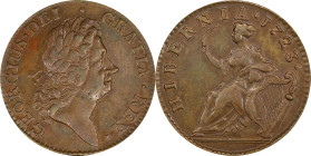 1723 Wood's Hibernia Halfpenny. Martin 4.59-Gc.4, W-13120. Rarity-4. AU-50 (PCGS).
115.5 grains. Pleasing medium olive-brown with traces of mint fros...