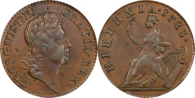 1723 Wood's Hibernia Halfpenny. Martin 4.62-Gc.10, W-13120. Rarity-5. AU-50 (PCGS).
110.9 grains. Hard, glossy, chocolate-brown surfaces offer excell...