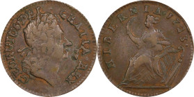 1723 Wood's Hibernia Halfpenny. Martin 4.65-Gc.2, W-13120. Rarity-5. VF-35 (PCGS).
117.6 grains. An interesting late die state example with severe ob...