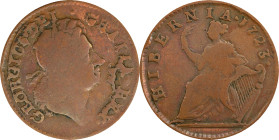1723 Wood's Hibernia Halfpenny. Martin 4.65-Gc.2, W-13120. Rarity-5. Good-6 (PCGS).
116.0 grains. One of the latest die states observed of the variet...