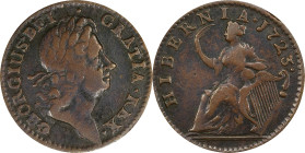 1723 Wood's Hibernia Halfpenny. Martin 4.68-Gb.1, W-13120. Rarity-5. VF-25 (PCGS).
119.0 grains. Pleasing, glossy surfaces with dark brown fields and...