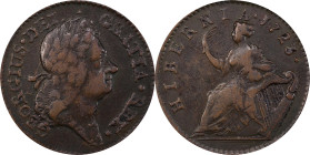 1723 Wood's Hibernia Halfpenny. Martin 4.90-Gc.25, W-13120. Rarity-7. VF-25 (PCGS).
111.6 grains. Dark brown with lighter toning on the high points. ...