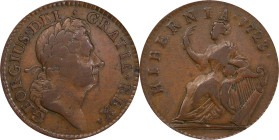 1723 Wood's Hibernia Halfpenny. Martin 4.91-Gc.24, W-13120. Rarity-5. VF-25 (PCGS).
118.6 grains. Pleasing light brown surfaces with solid, well stru...