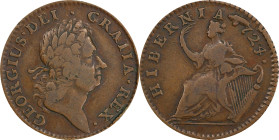 1724 Wood's Hibernia Halfpenny. Martin 4.67-K.2, W-13690. Rarity-5. VF-25 (PCGS).
105.8 grains. Excellent color and surface quality with no distracti...