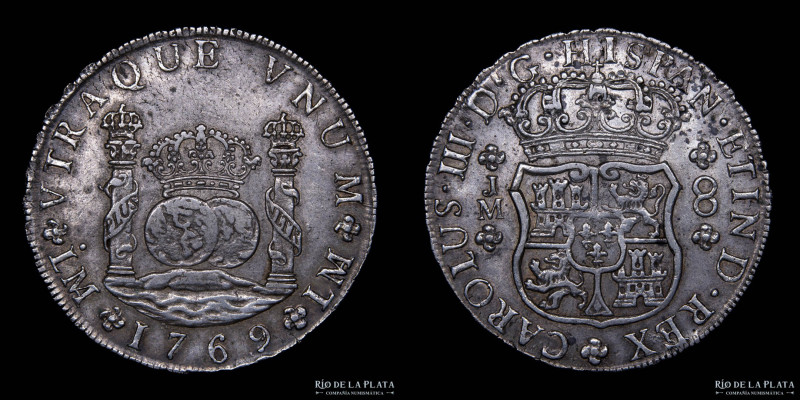 Lima. Carlos III (1759-1788) 8 Reales 1769 JM. Columnaria. AG.917; 38.5mm; 26.91...
